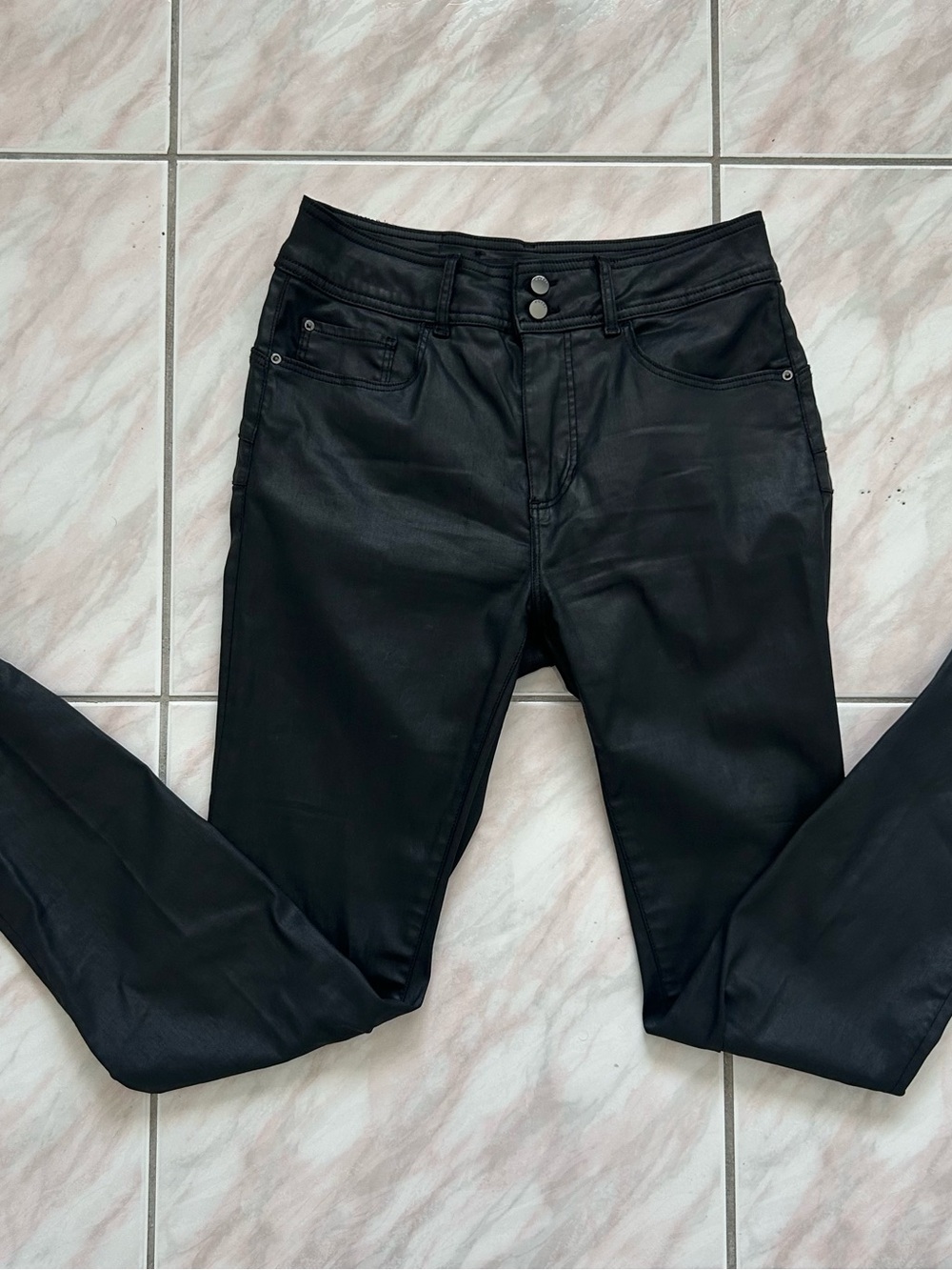 Guess Black Coated Skinny Pants with Double Button Waist